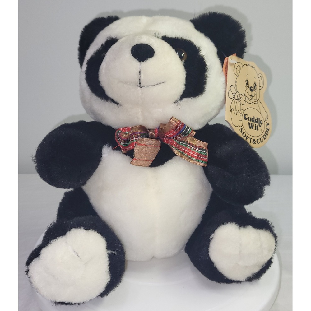 Cuddle Wit Panda Bear Plush 9 Inch Black White 1996 Vintage Plaid Bow w/Tags